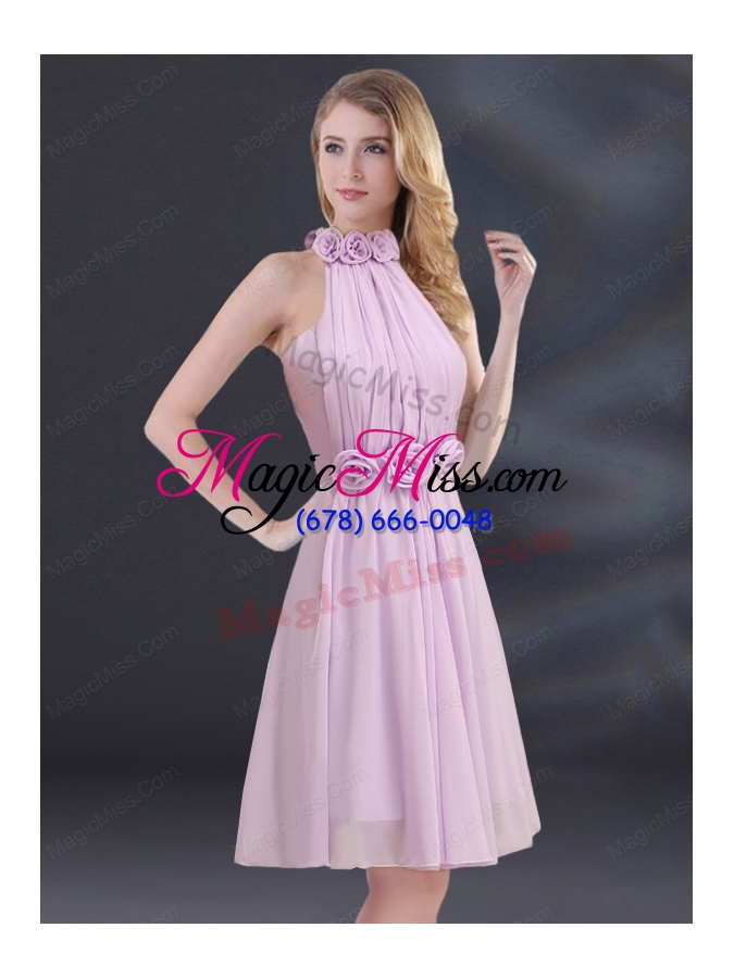 wholesale halter a line bridesmaid dress with ruhing and hand made flowers