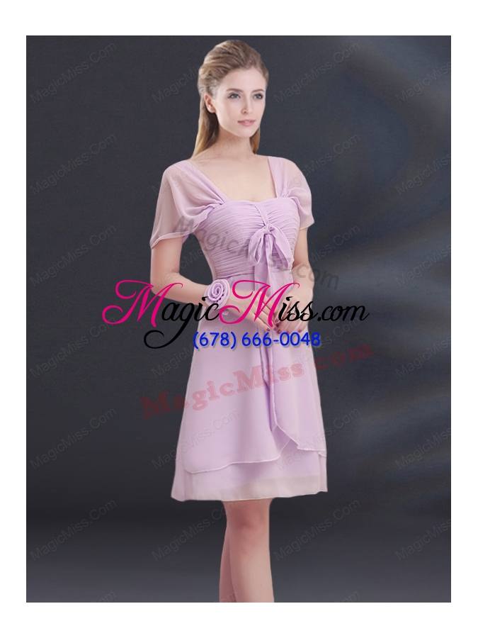 wholesale a line square ruhing bridesmaid dress with cap sleeves