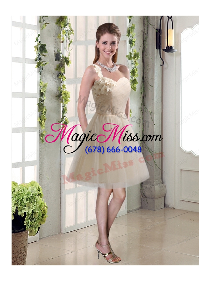 wholesale champagne ruched handmade flowers one shoulder 2015 bridesmaid dresses