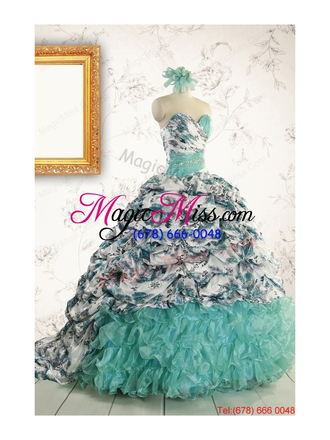 wholesale exquisite turquoise sweep train quinceanera dresses with beading for 2015