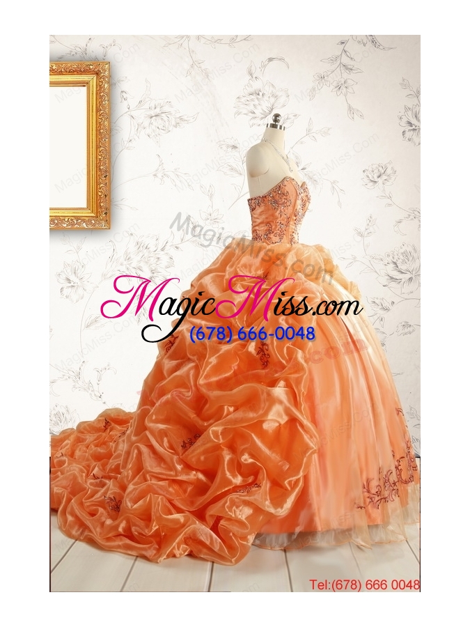 wholesale unique appliques brush train quinceanera dresses in orange