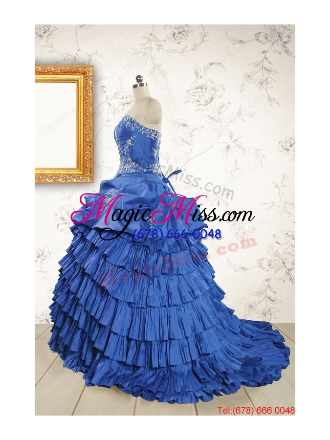 wholesale modern brush train appliques sweet 15 dresses in royal blue
