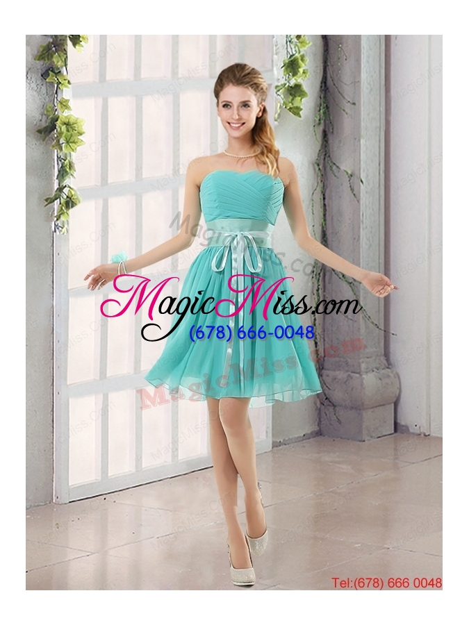 wholesale 2015 a line ruching lace up dama dress in aqua blue