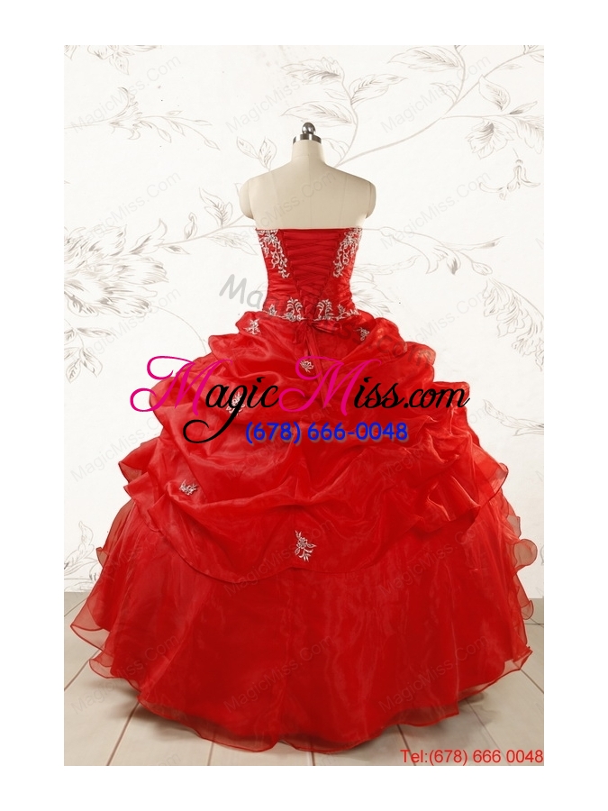 wholesale 2015 ball gown strapless beading and ruffles red sweet 15 dresses