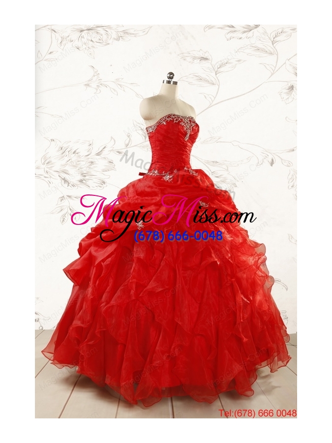 wholesale 2015 ball gown strapless beading and ruffles red sweet 15 dresses