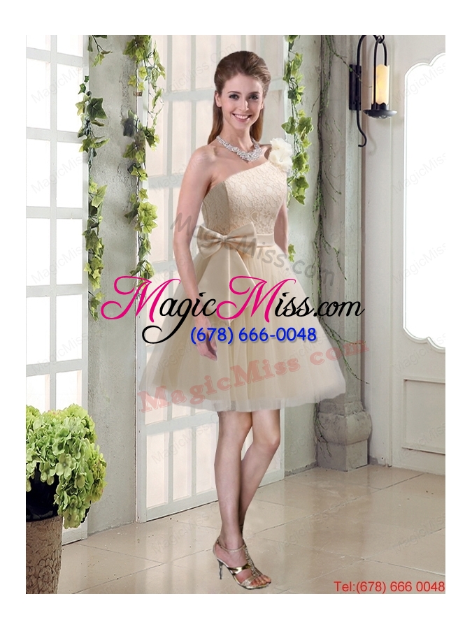 wholesale 2015 princess one shoulder bowknot lace dama dresses in champagne