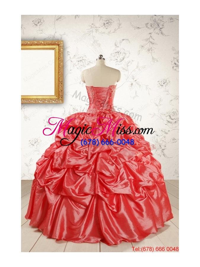 wholesale 2015 puffy appliques watermelon quinceanera dresses with strapless