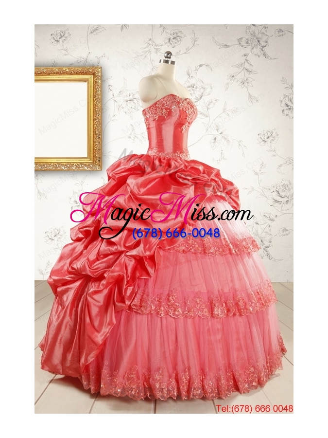wholesale 2015 puffy appliques watermelon quinceanera dresses with strapless