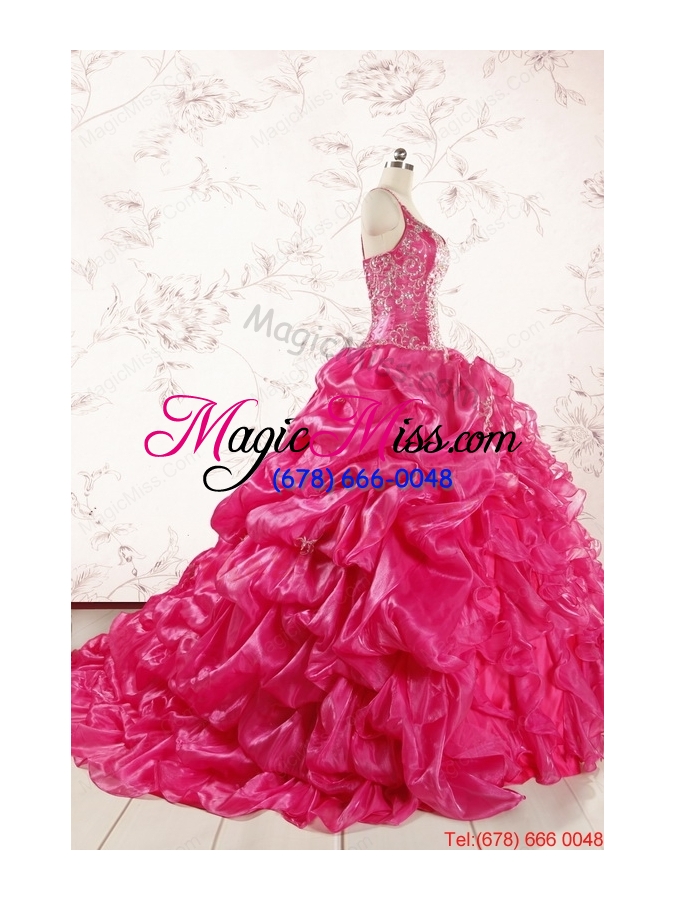wholesale 2015 unique beading hot pink quinceanera dresses with spaghetti straps