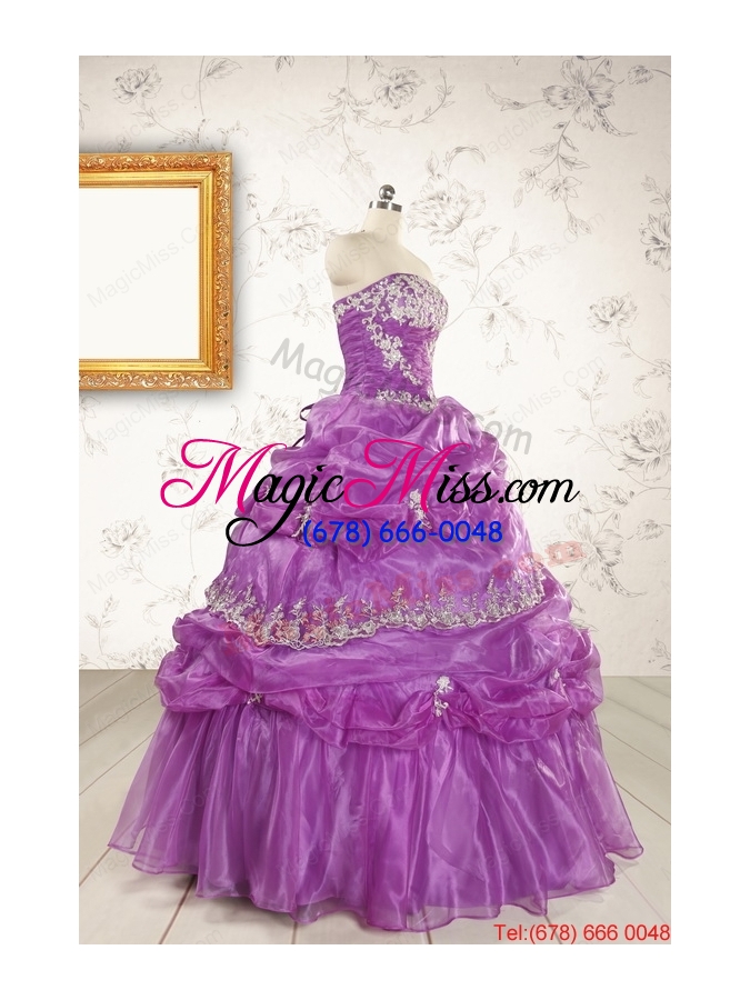 wholesale pretty strapless lilac quinceanera dresses with appliques for 2015