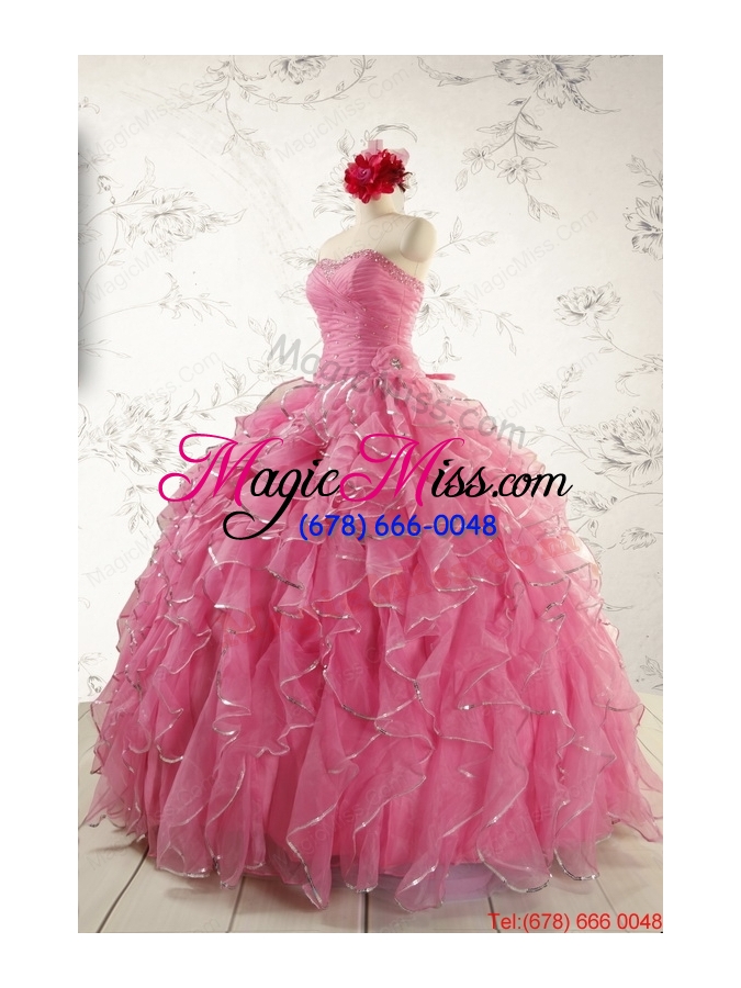 wholesale 2015 new style rose pink quinceanera dresses with  beading