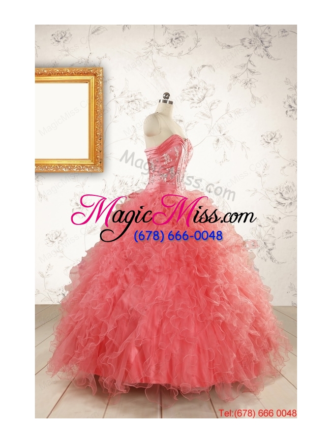 wholesale watermelon red exquisite quinceanera dresseswith appliques and ruffles