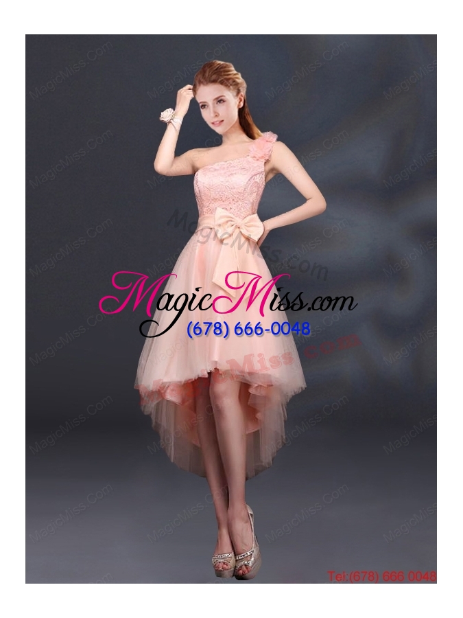 wholesale 2015 bowknot high low lace up dama dress with one shoulder