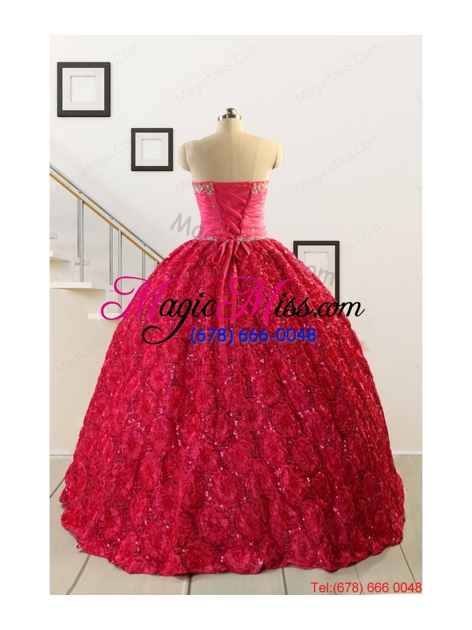wholesale 2015 customize special fabric beading sweet 16 dress in coral red