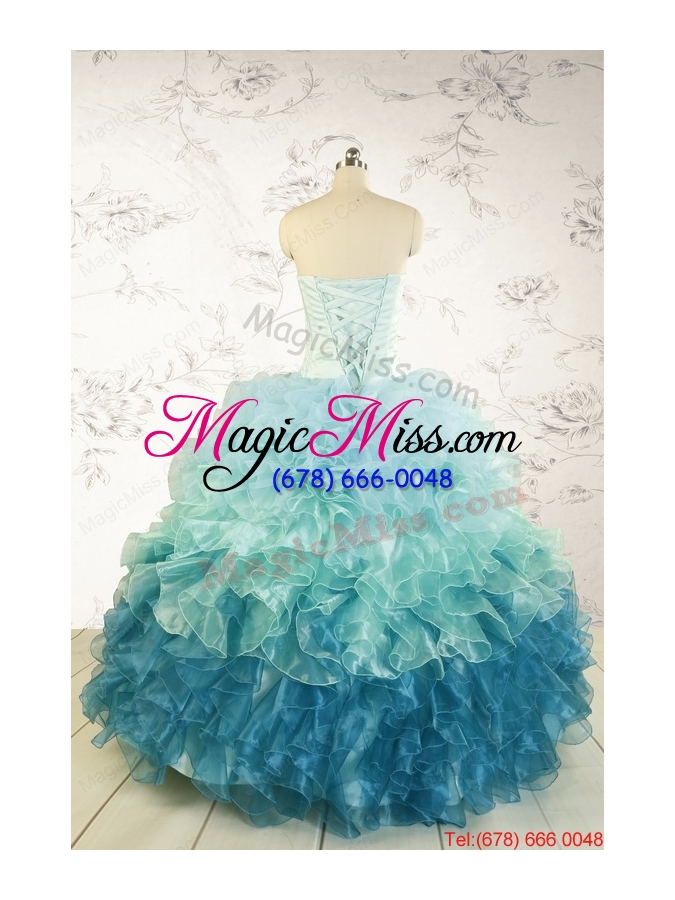 wholesale 2015 prefect blue quinceanera dresses with beading and ruffles