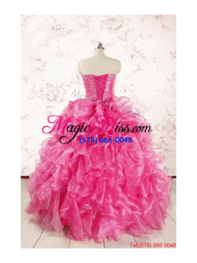 wholesale 2015 pretty hot pink quinceanera dresses with appliques and ruffles