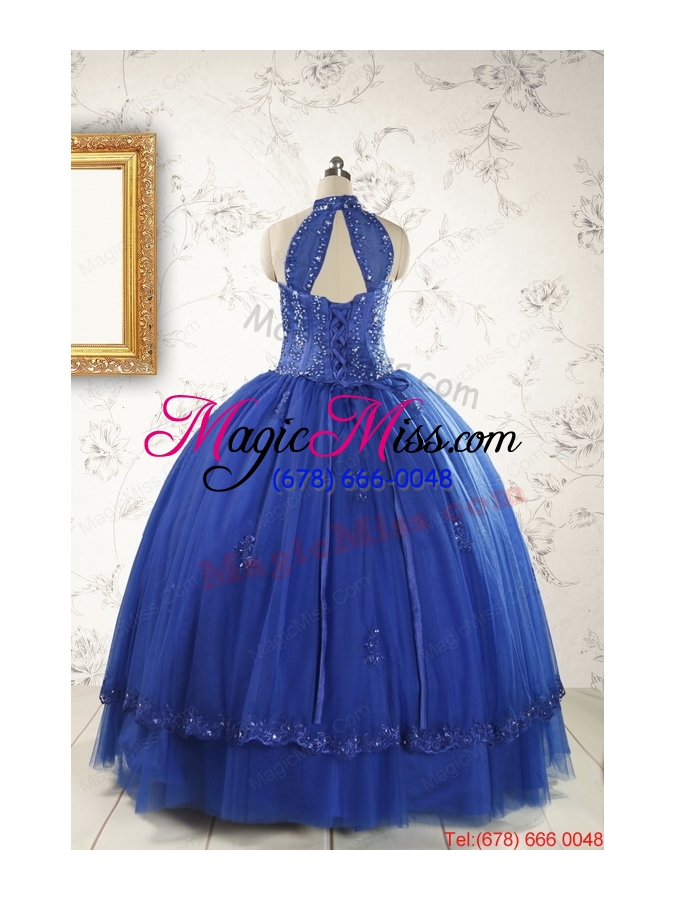 wholesale 2015 haltertop appliques and beading dresses for 15 in royal blue