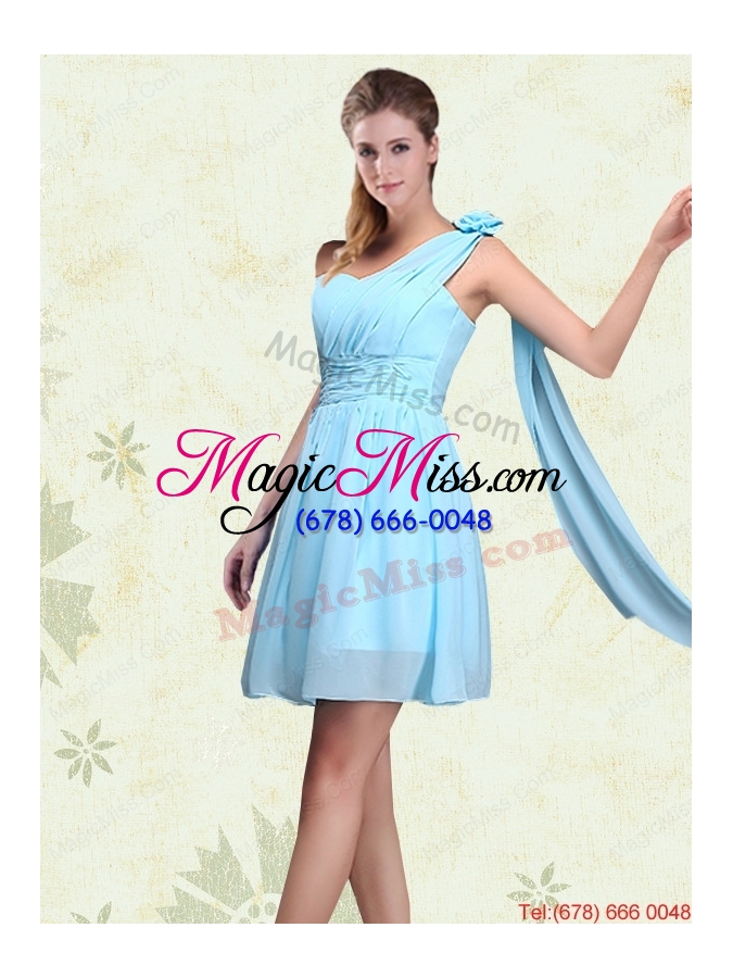 wholesale 2015 ruching chiffon aqua blue dama dresses with mini length