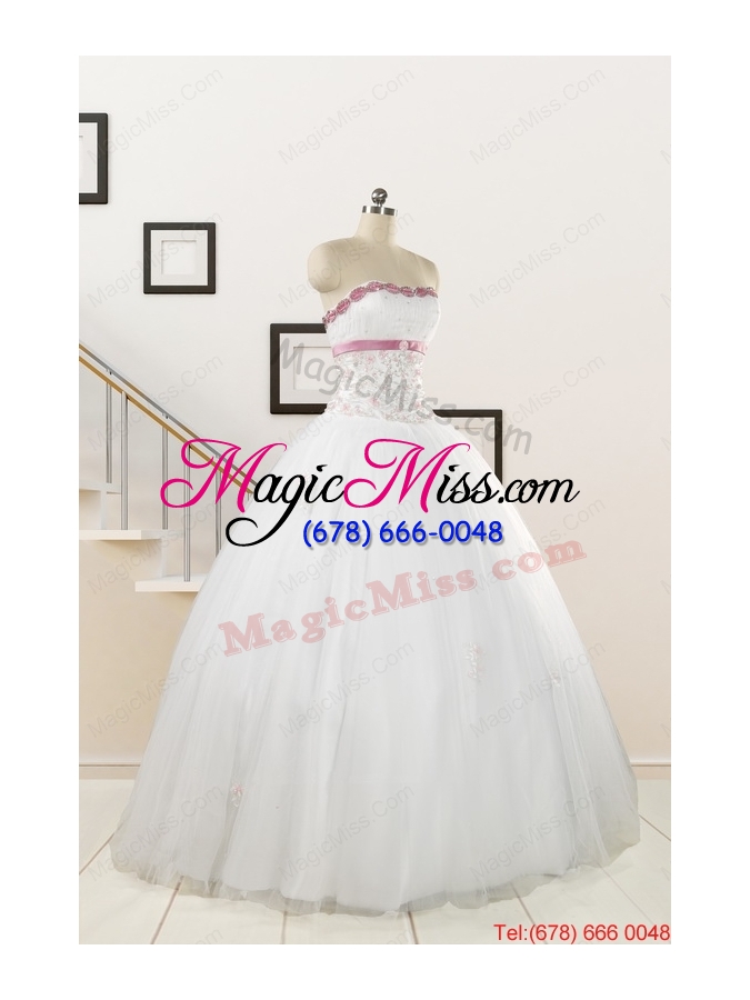 wholesale 2015 perfect white strapless appliques and belt quinceanera dresses