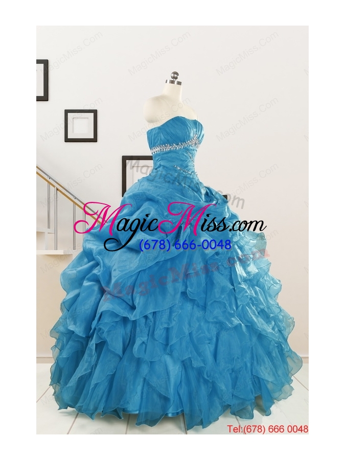 wholesale 2015 elegant strapless blue quinceanera dresses with beading and ruffles