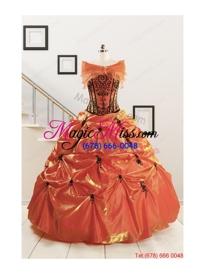 wholesale 2015 cheap appliques quinceanera dresses in orange red and black