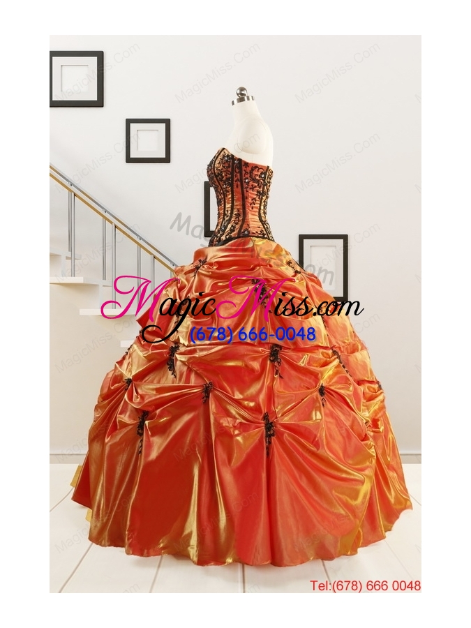 wholesale 2015 cheap appliques quinceanera dresses in orange red and black