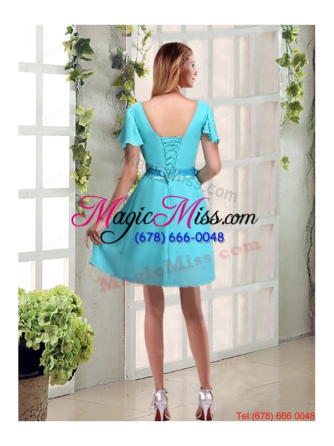 wholesale a line ruching and belt v neck dama dress with cap sleeves