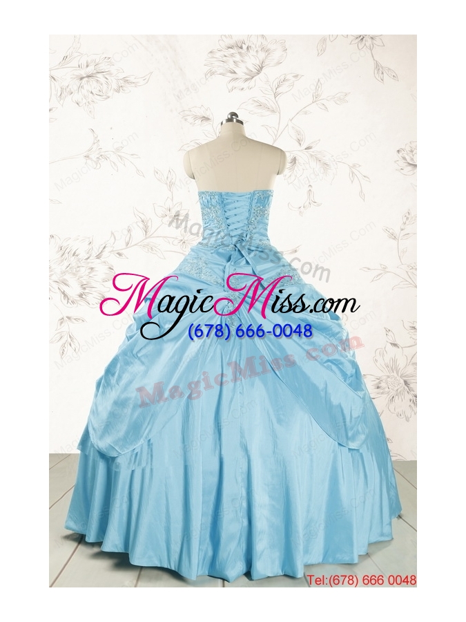 wholesale 2015 discount strapless appliques sweet 15 dress in aqua blue