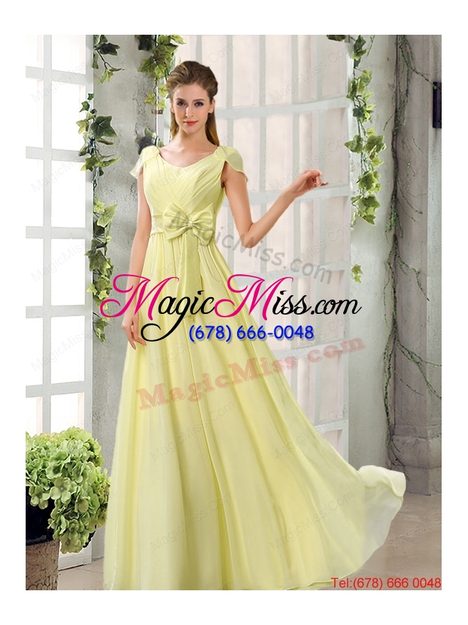 wholesale scoop ruching cap sleeves chiffon dama dresses in champagne