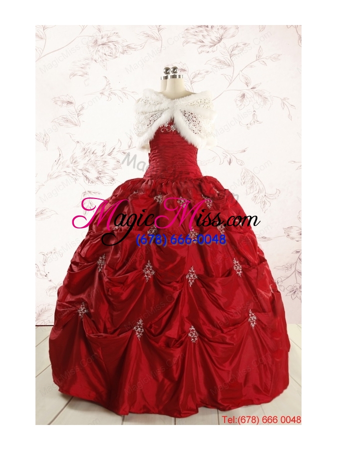 wholesale discount strapless wine red appliques quinceanera dresses for 2015