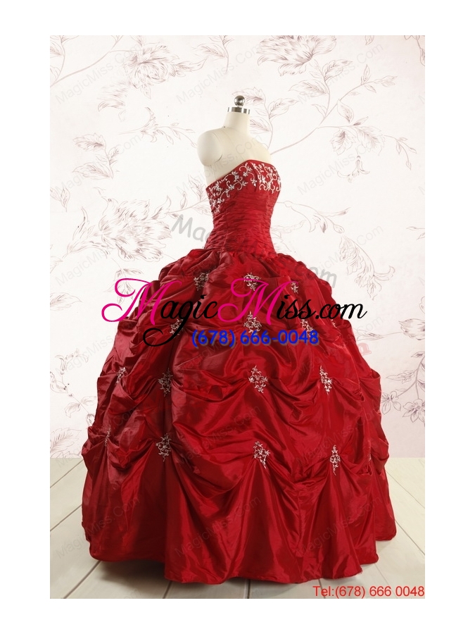 wholesale discount strapless wine red appliques quinceanera dresses for 2015