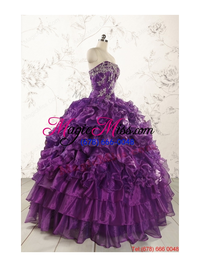 wholesale purple strapless 2015 quinceanera dress with appliques