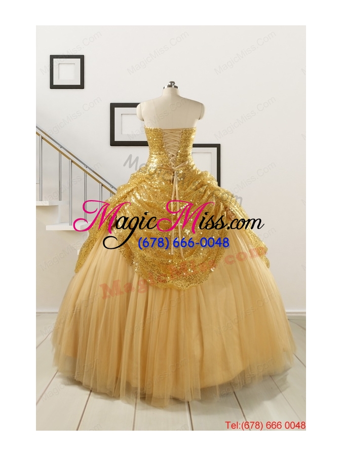 wholesale 2015 most popular sweetheart sequined quinceanera dresses in gold