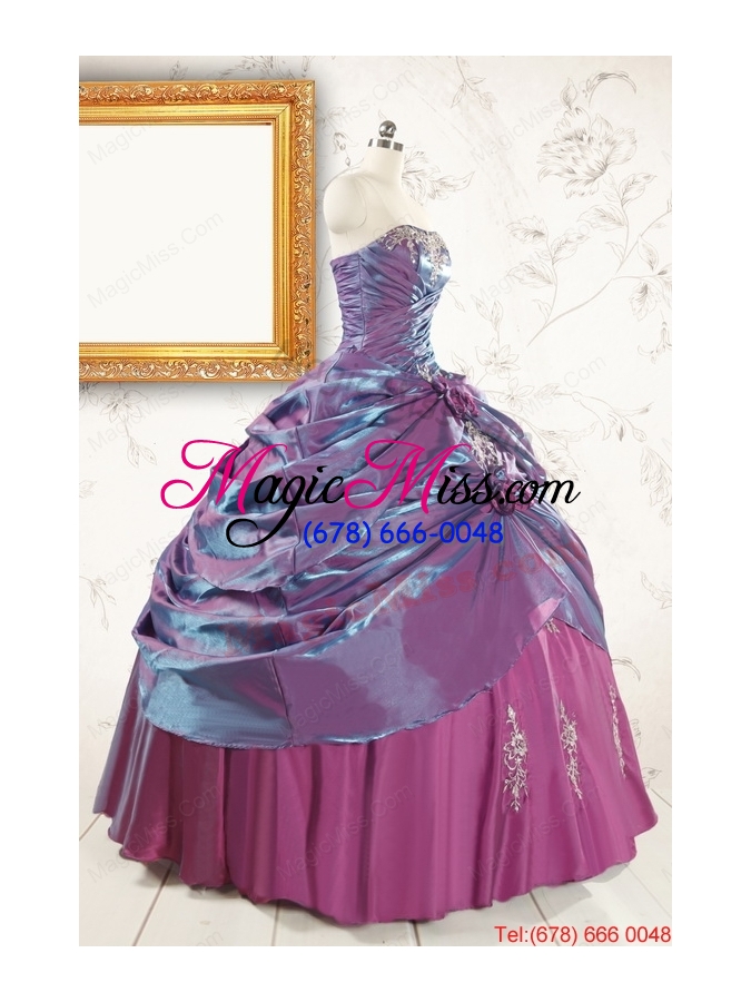 wholesale 2015 purple strapless quinceanera dresses with appliques and hand made flowers