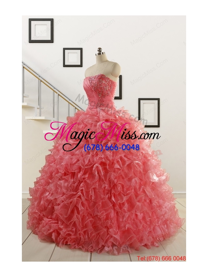 wholesale 2015 new arrival watermelon red sweet 15 dress with beading