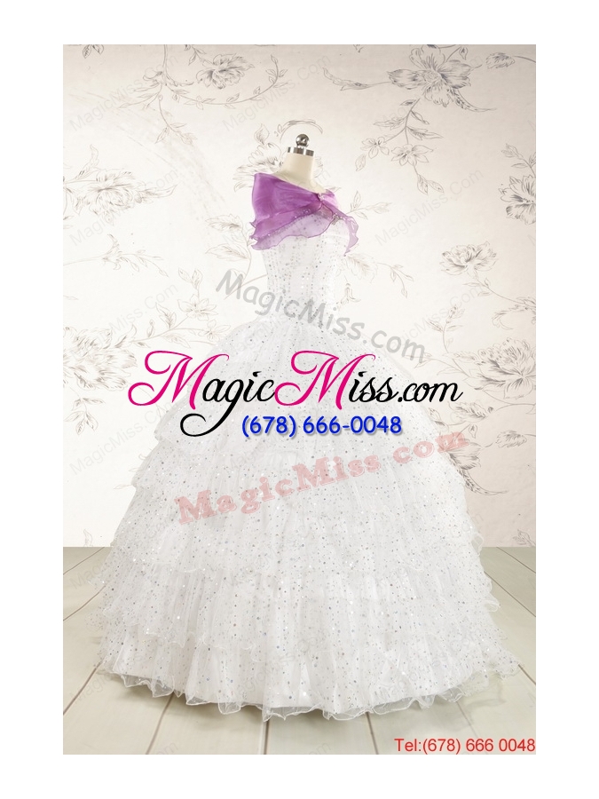 wholesale white ball gown formal quinceanera dresses with sequins and ruffles