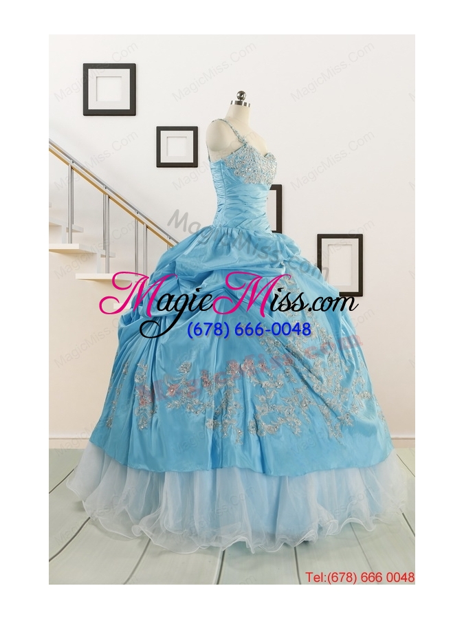 wholesale 2015 pretty one shoulder appliques quinceanera dresses in aqua blue