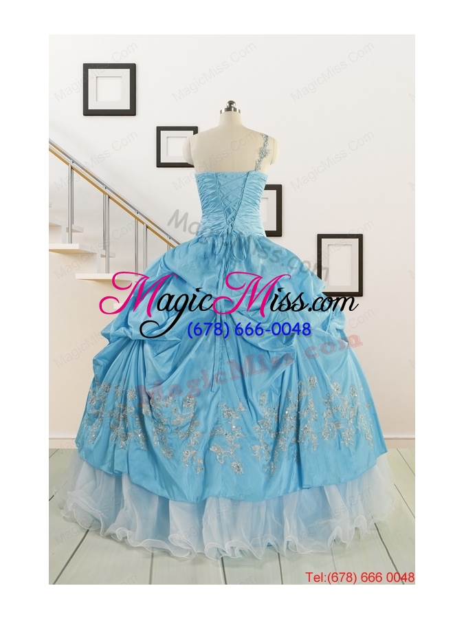 wholesale 2015 pretty one shoulder appliques quinceanera dresses in aqua blue