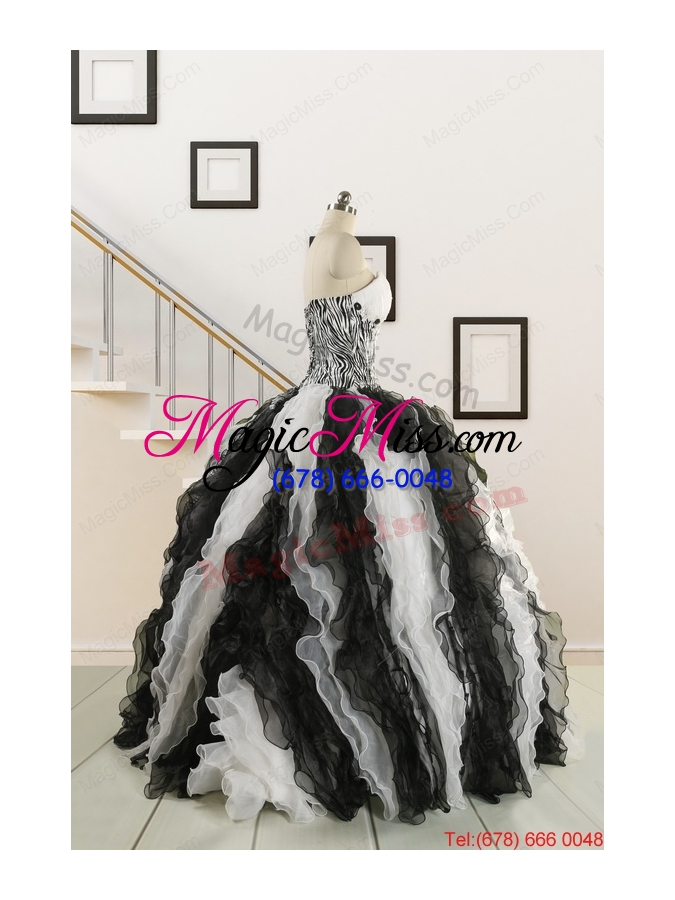 wholesale 2015 black and white sweetheart dress for quinceanera with ruffles