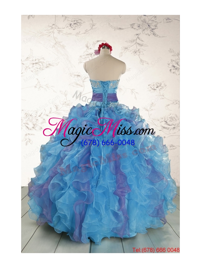 wholesale 2015 pretty strapless appliques and ruffles quincedress in multi color