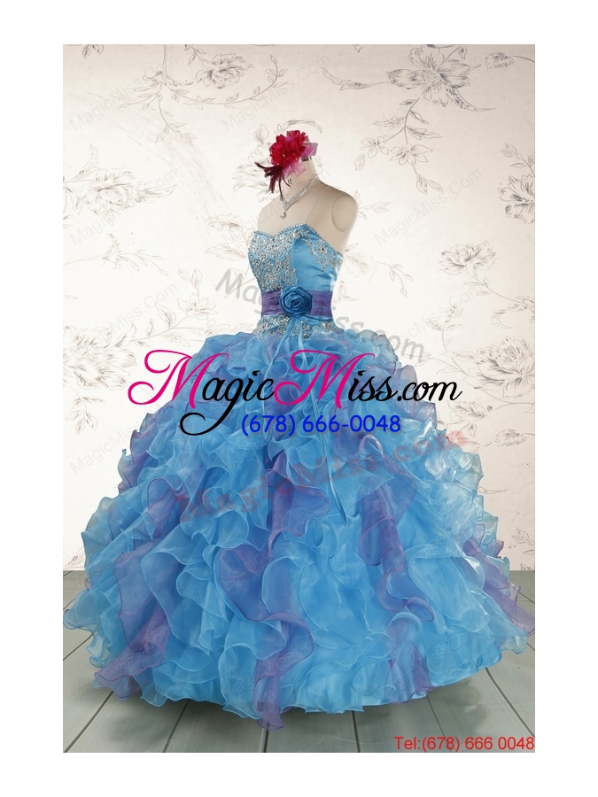 wholesale 2015 pretty strapless appliques and ruffles quincedress in multi color