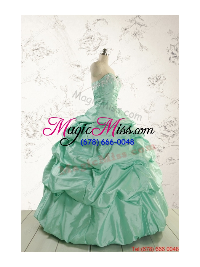 wholesale 2015 luxurious apple green quinceanera dress with beading and pick up