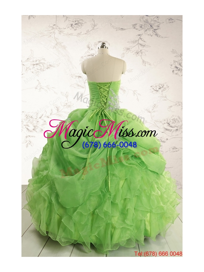 wholesale 2015 puffy strapless appliques quinceanera dresses in spring green