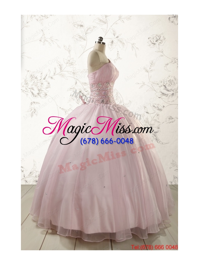 wholesale 2015 one shoulder beading light pink quinceanera dresses