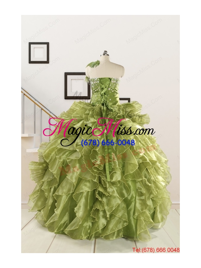 wholesale inexpensive olive green dresses for quince with beading and ruffles