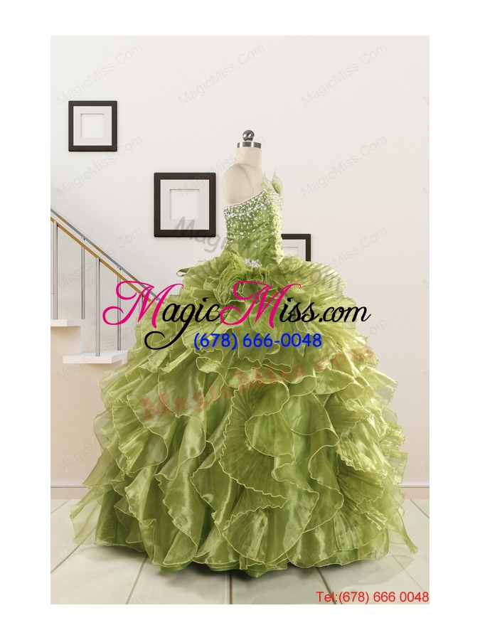 wholesale inexpensive olive green dresses for quince with beading and ruffles