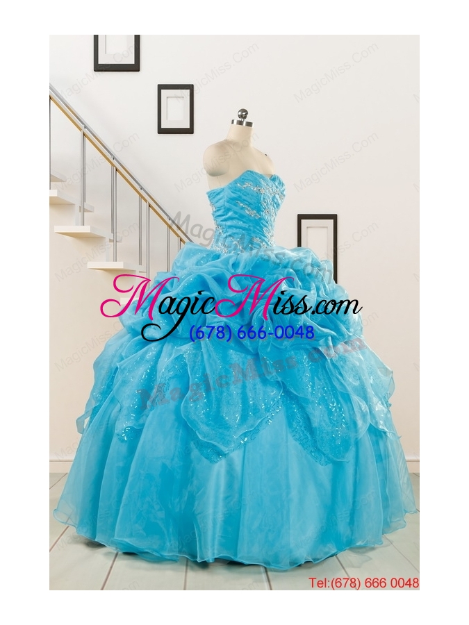 wholesale 2015 fashionable sweetheart beading quinceanera dress in aqua blue