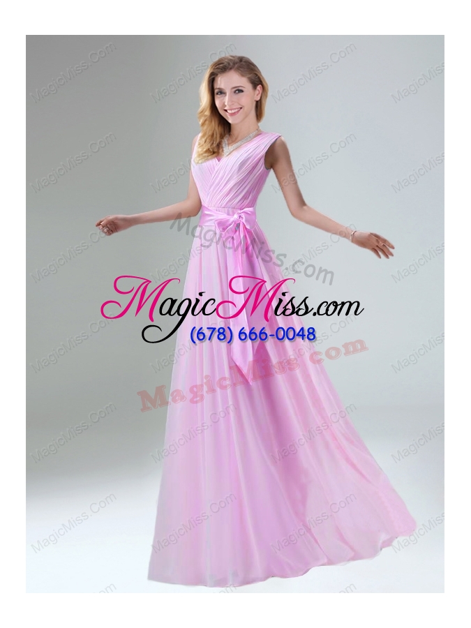 wholesale fashionable belt ruching chiffon prom dresses with bowknot