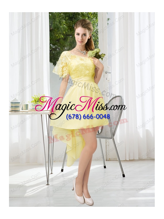 wholesale lace high low short sleeves prom dresses with one shoulder