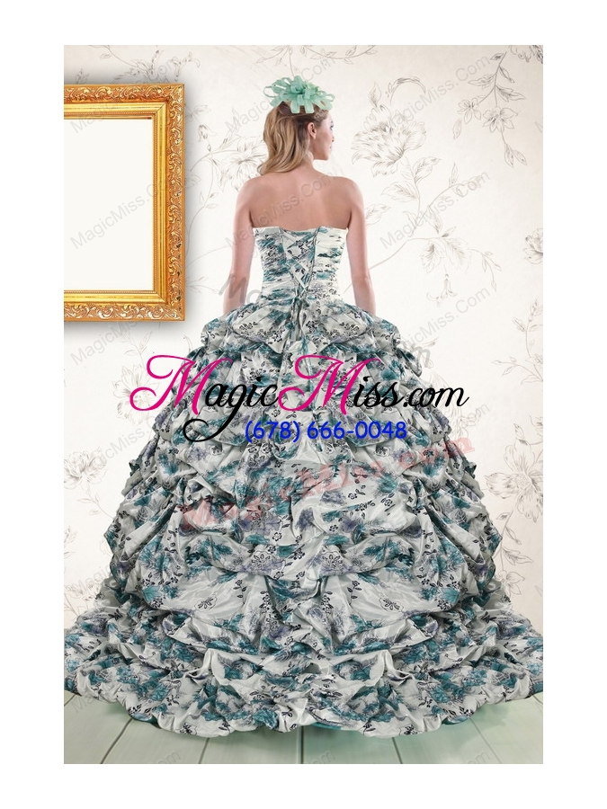 wholesale 2015 exquisite turquoise sweep train quinceanera dresses with beading and picks ups